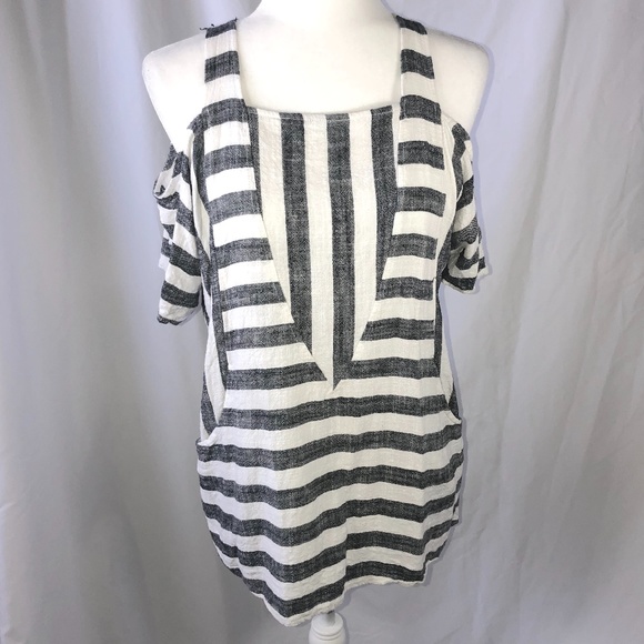 Black/Grey and White Striped Cold Shoulder Shirt - Picture 1 of 5